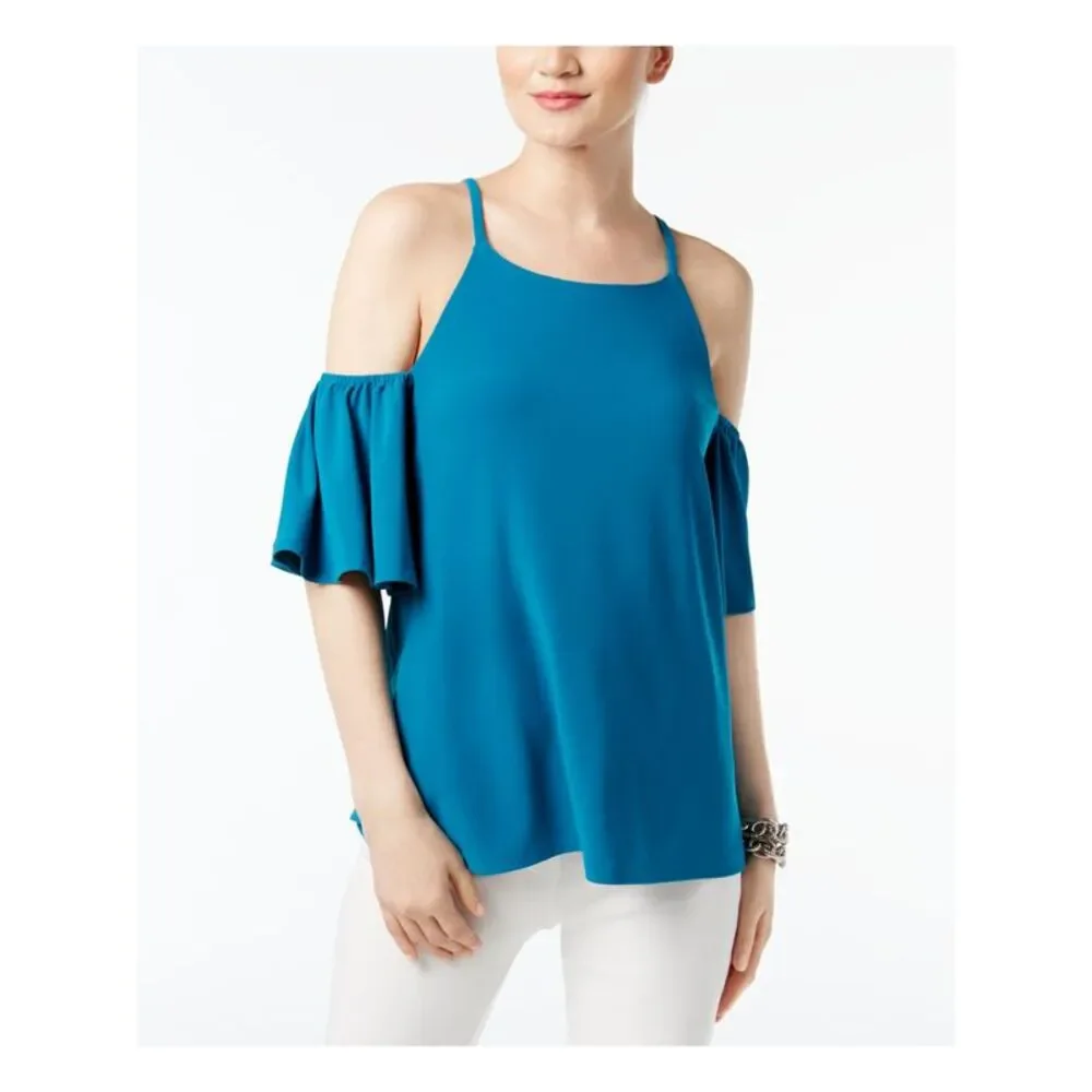 INC Womens Teal Flutter Sleeve Short Sleeve Scoop Neck Top Size: L